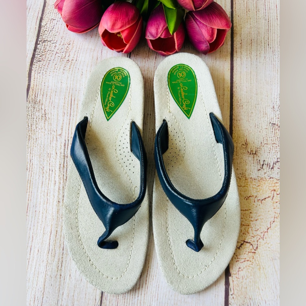 Leather Craft by Private Collection Navy Blue Leather Suede Thong Sandals Sz 10
